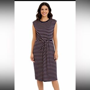 Sleeveless Navy and Pink Striped Midi Dress with elastic waist Sz M casual